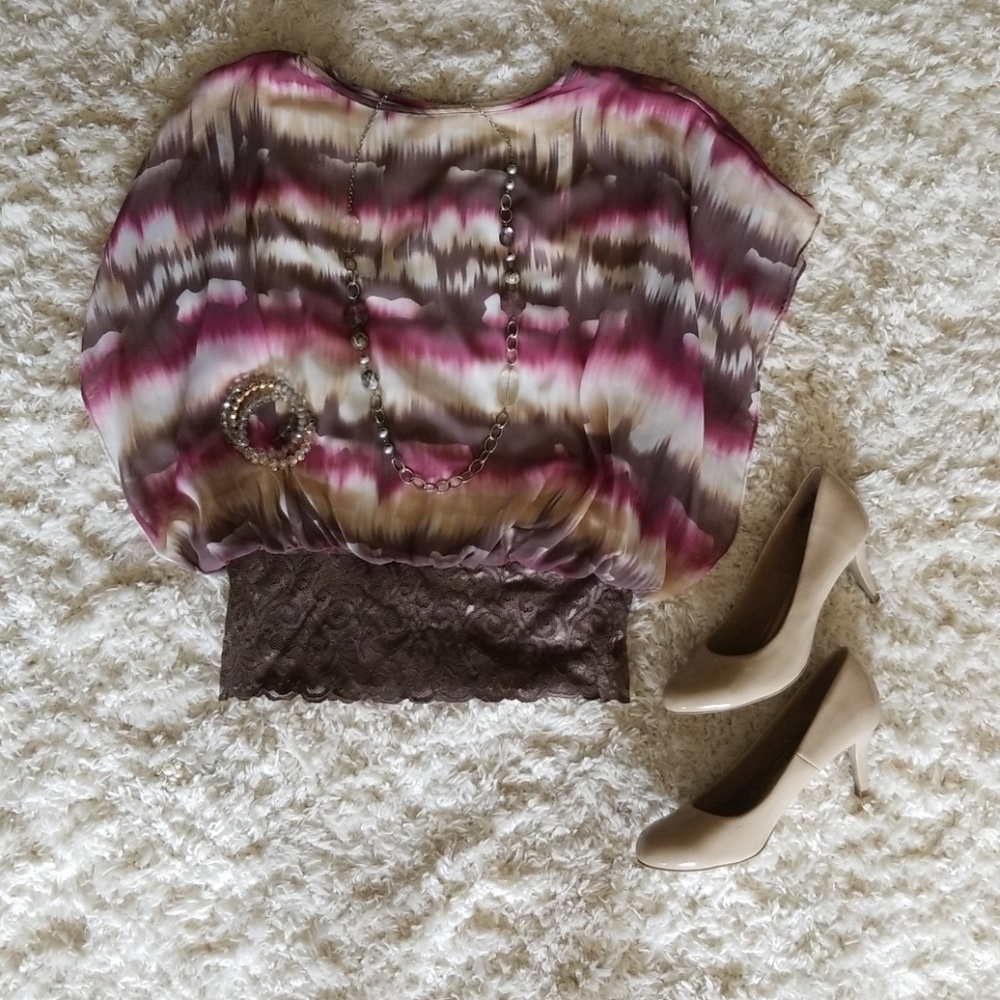 Beautiful purpleish/pinkish, brown, tan blouse